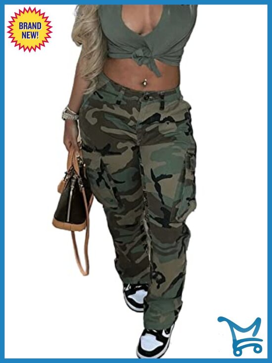 Pants - High Waist Camo Cargo Pants with Pockets
